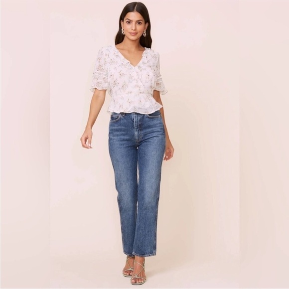 ASTR The Label Peplum Ruffle Wrap Floral Print Ivory Top Blouse Size XS - Picture 10 of 10